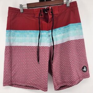 Body Glove Vapor Mens Board Shorts Red Teal Geometric Striped Swim Trunks 33